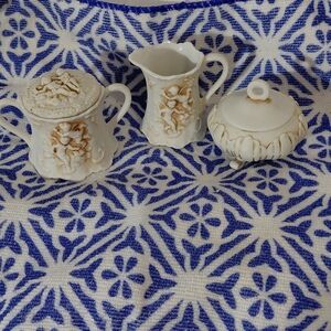 Lefton Cream Porcelain Cherub Creamer, Sugar and Covered Dish with Gold Accents